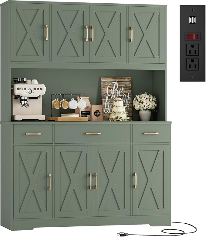 HOSTACK 71" Tall Kitchen Pantry Storage Cabinet, 55" W Kitchen Hutch, Green | Large Pantry Cabinet with Charging Station / Countertop / 3 Drawers, Farmhouse Hutch Cabinet with Storage for Dining Room