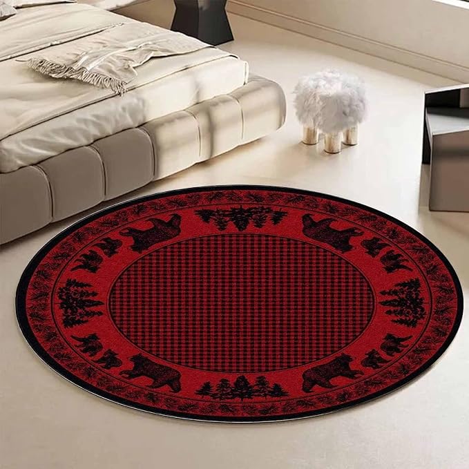 Lodge Native Rustic Cabin Bear Area Rug 6ft for Apartment Non-Slip Woodland Forest Animal Area Rugs Balcony Decor Low Pile Rustic Lodge Cabin Bear Round Rug
