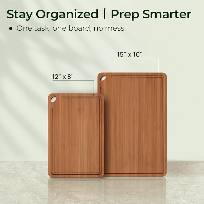 Keechee Carbonized Bamboo Cutting Board Set of 2, Wood Kitchen Boards | Deep juice grooves, built-in handles, 2 sizes for raw meat and vegetable separation, daily prep