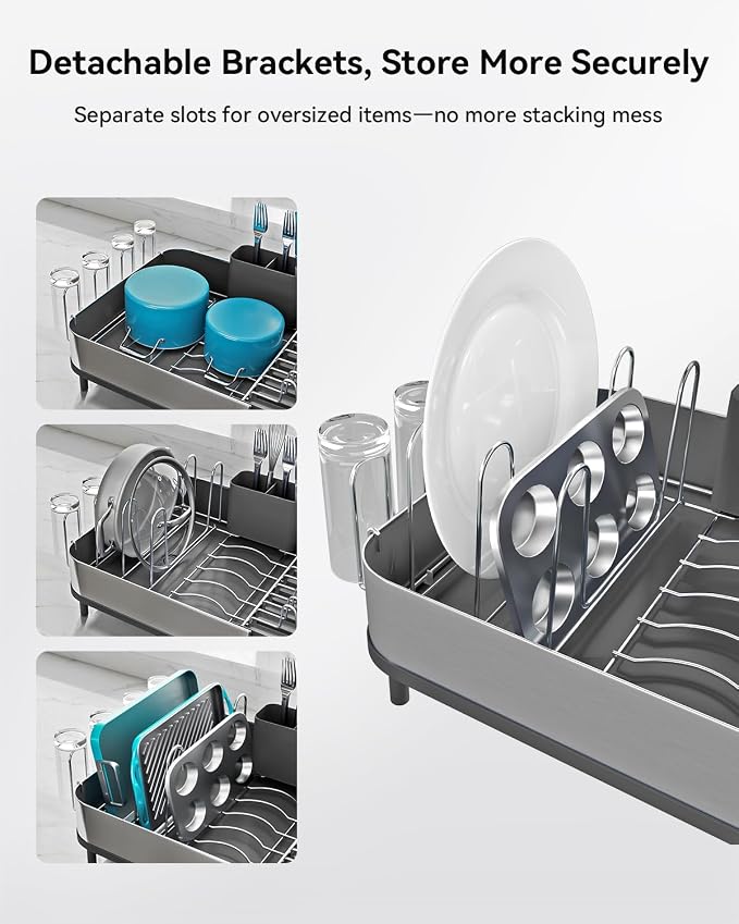 Dish Drying Rack, Expandable 304 Stainless Steel Kitchen Organizer, Black | 304 Stainless Steel for Rust Resistance, Auto-Drainage for a Dry Countertop, Flexible Storage for Dishes, Pans & Utensils