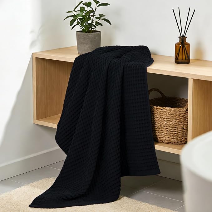 Jacquotha Waffle Bath Towel Set of 2 (Black) - Cotton, Thin, Low Lint | 31” x 62” Soft Bath Towels for Bathroom, Shower, Pool & Beach