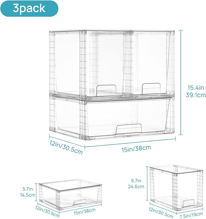 Vtopmart 6 Pack Stackable Storage Drawers, Easily Assemble Clear Plastic Organizer Bins, 2 Wide Drawers and 4 High Drawers for Under Sink, Pantry, Kitchen Cabinet, Bathroom Organization and Storage