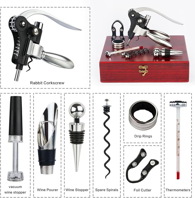 9-Pieces Corkscrew Wine Opener Set, Stainless Steel Cork Screw Rabbit Wine Bottle Opener Kit Including Foil Cutter, Pourer, Vacuum Wine Stopper Corkscrews etc, Ideal Wine Sets Gifts for Women & Men