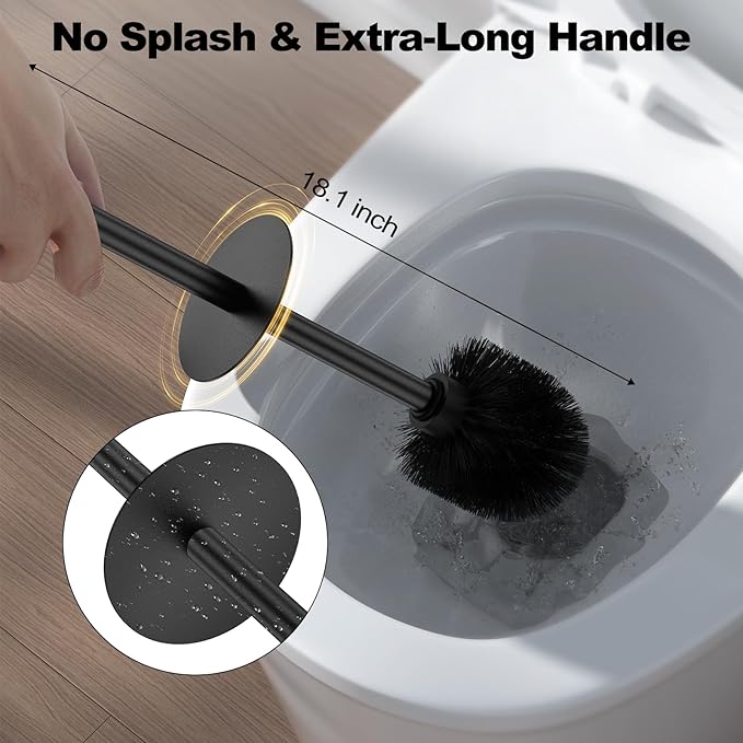 Black Toilet Brush and Holder Set，Stainless Steel Heavy Duty Toilet Bowl Brush，Extra Long Handled Modern Toilet Cleaner Brush with Replaceable Head, Removable Inner Bowl, and Splash Protection