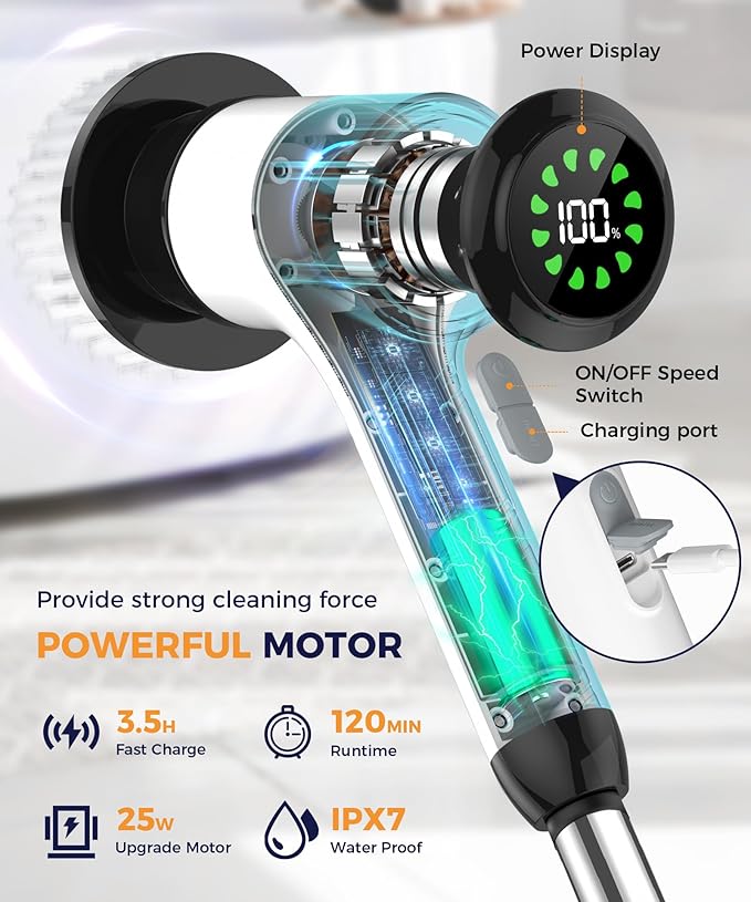 Cordless Electric Spin Scrubber with 7 Brush Heads, White-te1 | Adjustable long handle for shower, tile, grout, sink, tub, floor, and car wheel cleaning