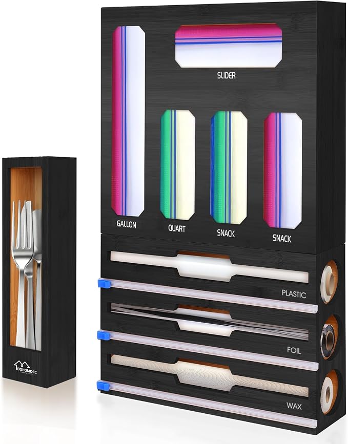 9 in 1 Foil and Plastic Wrap Dispenser with Cutter, Black Bamboo Ziplock Bag Organizer for Drawer - Holds Gallon, Quart Bags & Aluminum Foil/Wax Paper, Wall Mountable Kitchen Storage