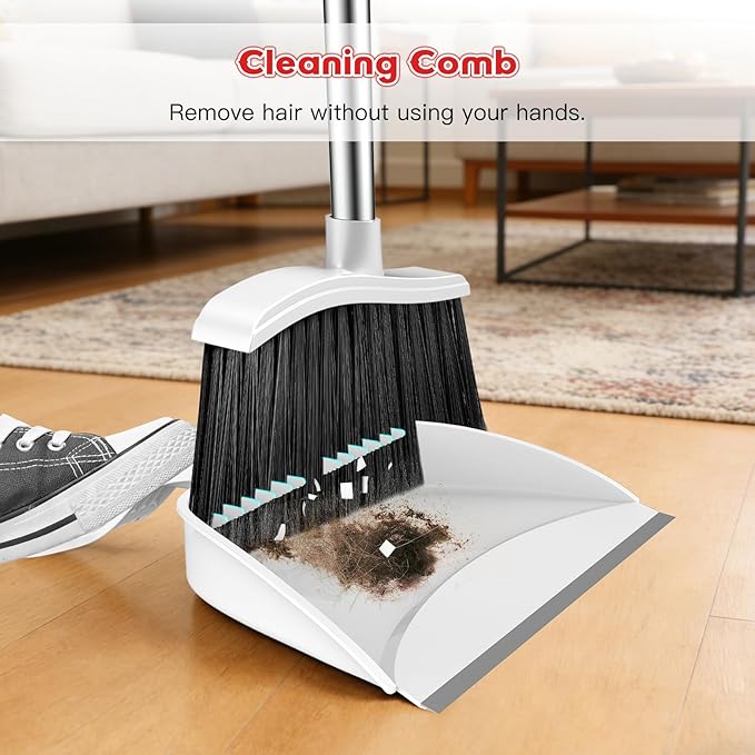 Broom and Step-on Dustpan Set, 59-in Adjustable Long Handle Broom with Dustpan Combo Set Outdoor Angle Broom for Sweeping Indoor Dust Pet Hair for Cleaning Kitchen Garage Deck Patio, White