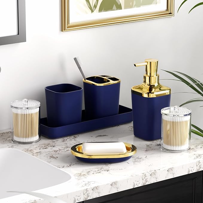 XLHOMO Bathroom Accessories Set - Luxury Blue Bathroom Set, 9 Pieces Bathroom Accessory Set, Navy Blue Bathroom Accessories with Trash Can, Toilet Brush & Soap Dispenser