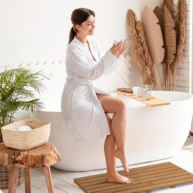 Bamboo Wooden Bath Floor Mat for Luxury Shower - Non-Slip Bathroom Waterproof Carpet for Indoor or Outdoor Use (Walnut,31.3 x 18.1 x 1.5 Inches)