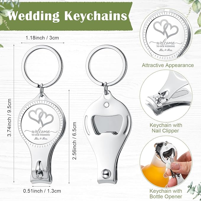 Fulmoon Wedding Multi Function Bottle Opener Nail Clipper Wedding Favors Brewery Cards White Organza Bags for Party Supplies Gift Souvenir Guests Men Women(50 Sets)