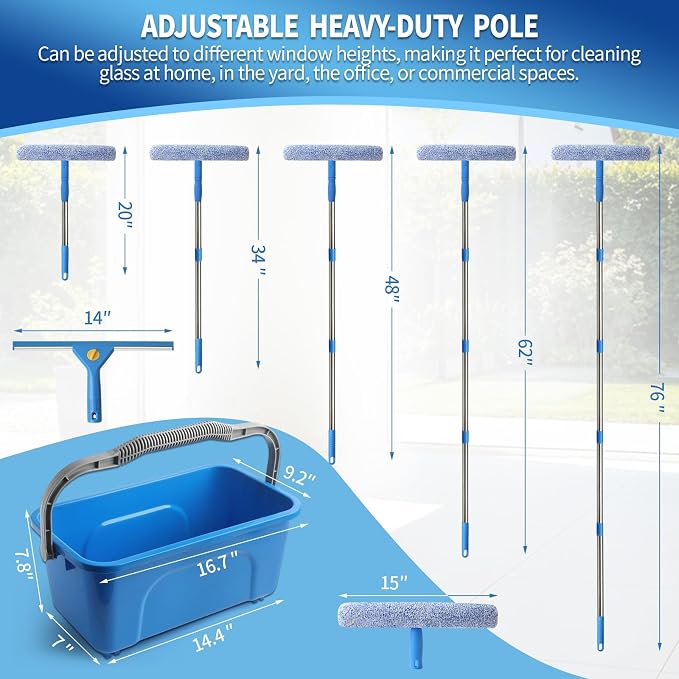 Creatyi 11PCS Window Cleaning Kit Washing Tool, Bucket 3 Gallon, 76 inch Long Handle Window Squeegee and Microfiber Scrubber,Equipped with Replaceable Squeegee and Scrubber for Home Business Use