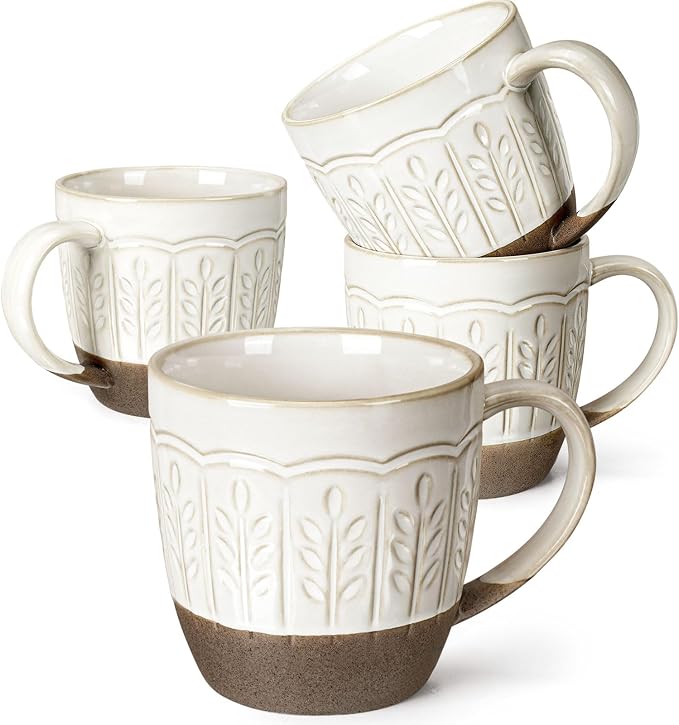 Artena Ceramic Coffee Mugs Set of 4, 16oz Embossed Large Latte Mugs Coffee Cups with Handle for Tea, Latte, Cappuccino & Cocoa, Milk Dishwasher & Microwave Safe, White (Wheat Leaf)