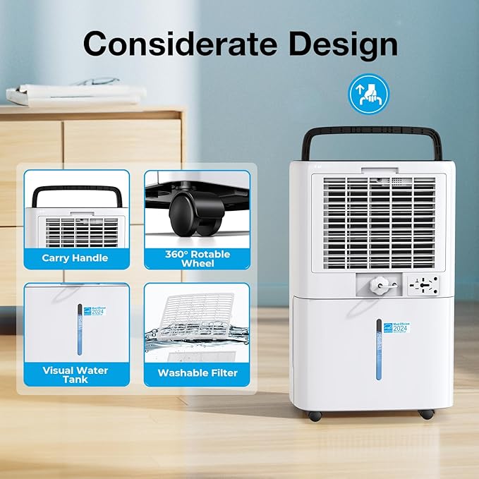 PLUSCENT 52 Pint Dehumidifier for Home and Large Basements, Up to 5000 Sq.Ft Coverage, Quiet 40dB, Continuous Drain Hose Included, Smart Humidity Control, 4 Modes, Auto Defrost, 24H Timer