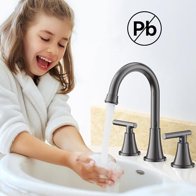 Bathroom Faucets for Sink 3 Hole, Hurran 8 inch Widespread Brushed Grey Bathroom Sink Faucet with Pop-up Drain and Supply Hose, Stainless Steel Lead-Free Faucet for Vessel Sink Vanity RV