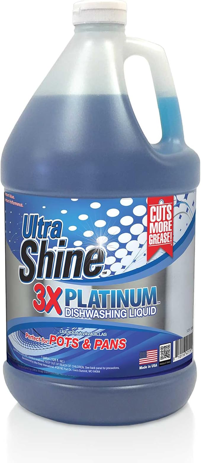 Ultra Shine™ 4 Pack 3X Platinum™ Dishwashing Liquid, Powerful Grease Remover, 1 Gallon - Concentrated Dish Cleaner Soap for Commercial Kitchens, Restaurants & Home Cleaning, Gentle on Hands & Skin