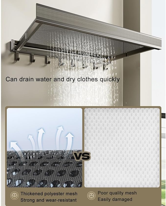 Foldable Bathroom Wall Shelf, Wall Mounted Drying Rack with Adjustable Hook, Air Drying Net, Hidden Telescopic Clothes Drying Rack for Shoes Socks Underwear, Space Saving, Gray/Black/White(Gray)