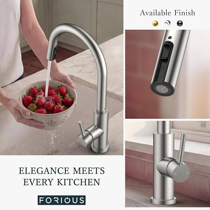 FORIOUS Kitchen Faucets with Pull Down Sprayer, Brushed Nickel Single Handle Stainless Steel High Arc Kitchen Sink Faucet with Deck Plate, 1 or 3 Hole Sink Faucet for Bar RV Outdoor Laundry