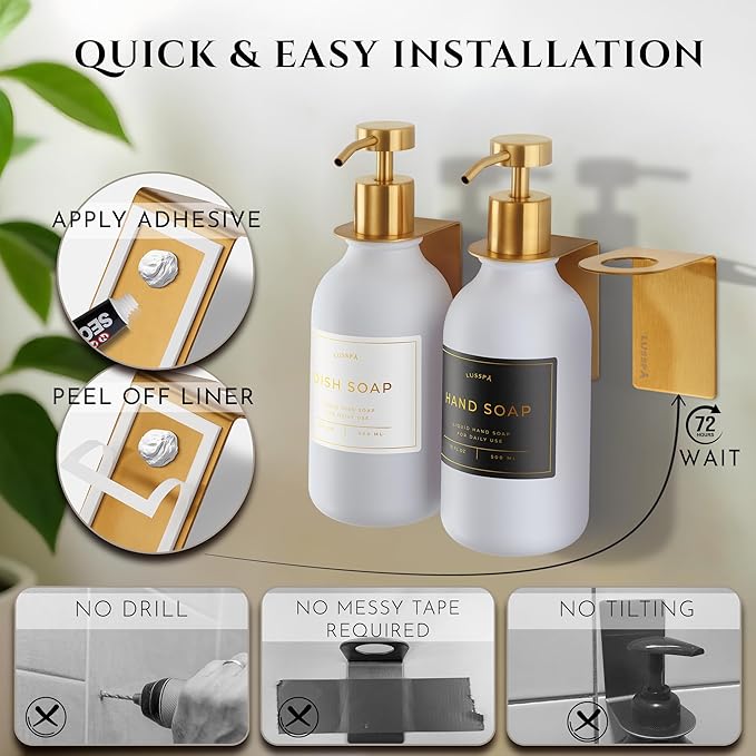Shower Shampoo Dispenser Wall Mounted – 3 Refillable 16.9 oz White Bottles with Stainless Steel Pumps & No-Drill Adhesive Holders – Soap Dispenser Set for Bathroom (3 X White/Gold)