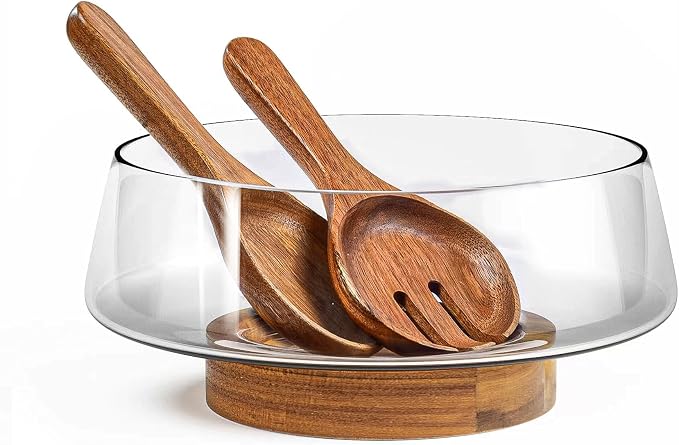 KITEISCAT Extra Large Glass Salad Bowl Set - Party Salad Bowls with Acacia Wood Base and Serving Utensils - Elegant and Practical Kitchen Must-Have