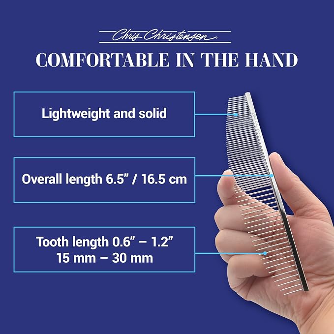 Chris Christensen 00C 6.5 in Crescent Coarse/Fine Finishing Butter Comb, Groom Like a Professional, Rounded Corners Prevent Friction and Breakage, Solid Brass Spin with Steel Teeth, Chrome Finish