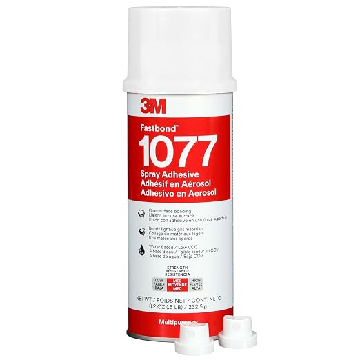 3M Fastbond Water-Based Multipurpose Spray Adhesive 1077, Low VOC <6%, Bonds Cardboard, Cork, Fiberglass Insulation, Wood, Neutral, Net Wt 8.2 oz, 1 Can