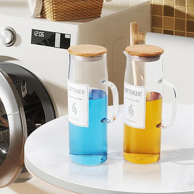 Laundry Detergent Dispenser Set with Bamboo Lids and Handles - Easy Pour 2 Pack 50 oz Liquid Laundry Containers for Laundry Room Organization and Storage