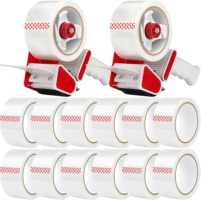2 Pack Heavy Duty Packing Tape Dispenser Gun with 12 Pack Clear Packaging Tapes, 2 Inch Packaging Tape with Dispenser for Carton Sealing, Moving Boxes, Shipping (Red)