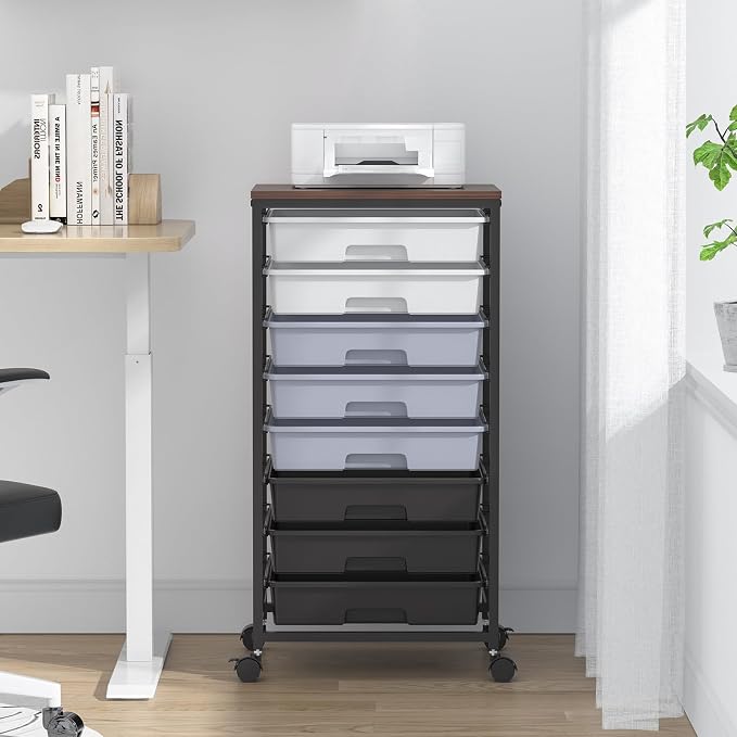 SYKIARIOL Rolling Cart with Drawers,Utility Cart With 8 Drawers and Wooden Tabletop for Living Room,Classroom,Bedroom,Bathroom,Dorm,Office,Dark Grey