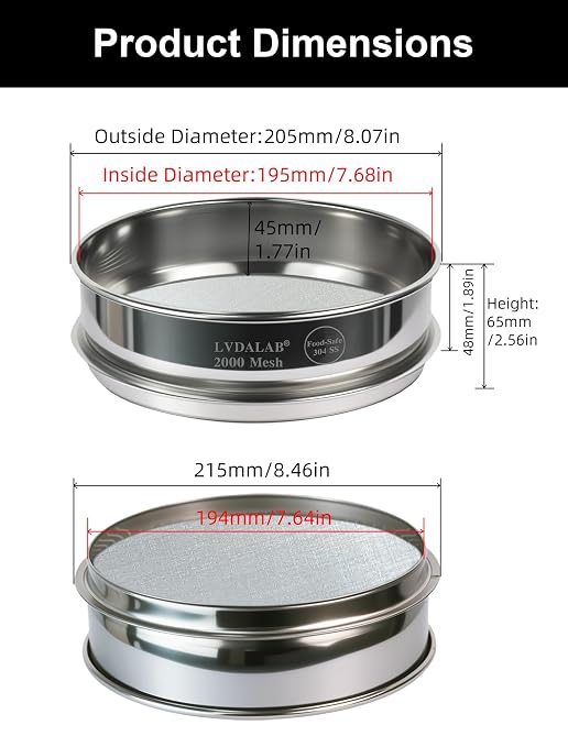 All 304 Stainless Steel 2000 Mesh Test Sieve (0.0025mm Aperture), 8 Inch/20cm Diameter, Ultra Fine Micron Filter, Lab Analysis Sifter for Nano-Level Particles