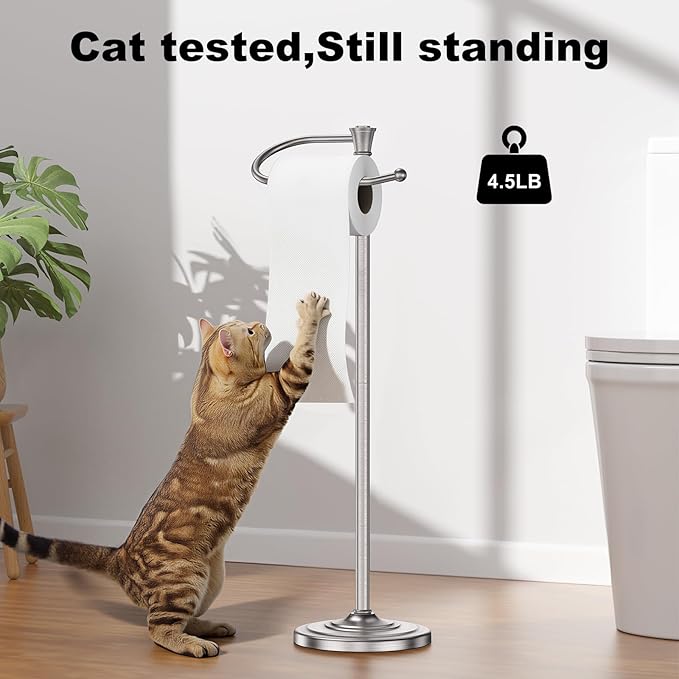 Toilet Paper Holder Free Standing, 25” H Stainless Steel Nickel Toilet Paper Stand, Weighted Base Floor Tissue Roll Holder for Bathroom,Toilet Roll Stand