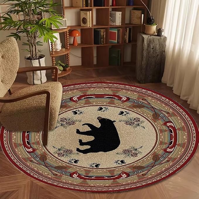Village Cabin Bear Round Area Rug for Hallway Red Boat Paddle Print Carpet Soft Vintage Bear Seals Rugs Rustic Floor Carpets 2ft