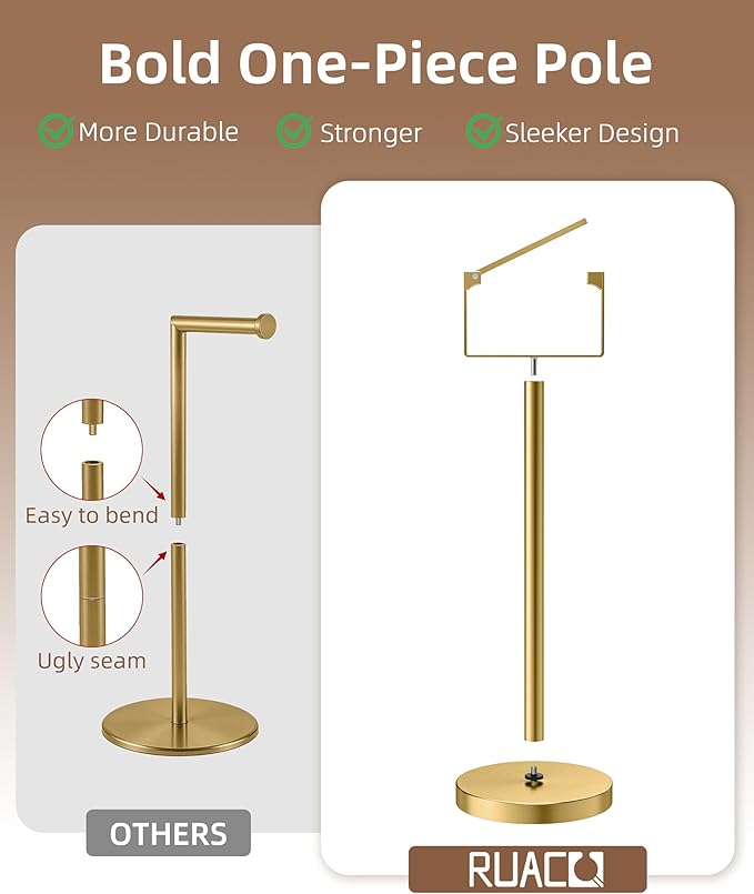 RUACQ Toilet Paper Holder Stand, Magnetic Closure Toilet Paper Stand with Lift-Up Rotating Arm, SUS304 Stainless Steel Bathroom Toilet Paper Holder Free Standing, Weighted Base (Brushed Gold)