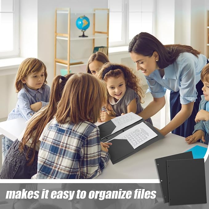Yeaqee 100 Pcs Plastic Folders with Pockets Bulk 3 Hole Punched 2 Pocket File Folders for 3 Ring Binder Divider Folder for Notebooks, Durable Poly for Office Home (Black)