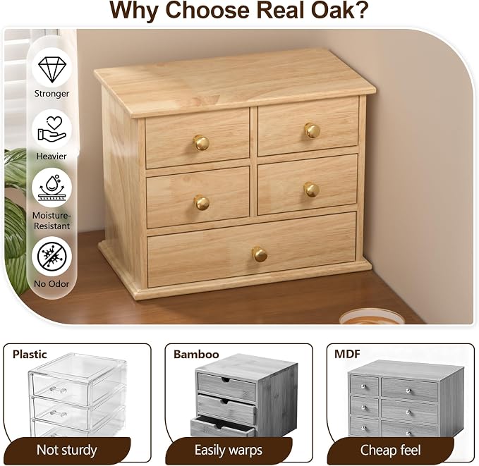 Oak Desk Organizer with Drawers, Wooden Desktop Storage Box with Metal Handles & Non-Slip Silicone Pads, 5 Drawer Tabletop Organizer for Office, Bedroom, Bathroom, Vanity, and Makeup – Natural Oak