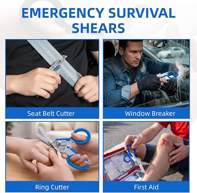 Heavy Duty 6 in 1 Multifunctional Trauma Shears Foldable | Stainless Steel emergency response scissors | Survival Shears with Holster | Medical Trauma shears Tactical With Strap Cutter | Blue