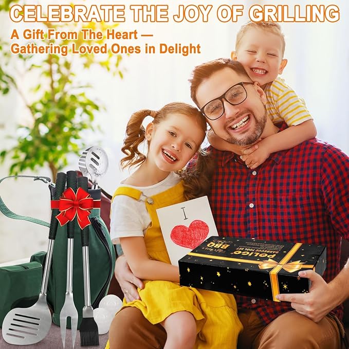 POLIGO 7PCS Golf-Club Style BBQ Tool Set Grilling Tools with Rubber Handle - Stainless Steel Grill Accessories for Outdoor Grill Set Premium Grill Utensils Set Fathers Day Birthday Gifts for Men Green