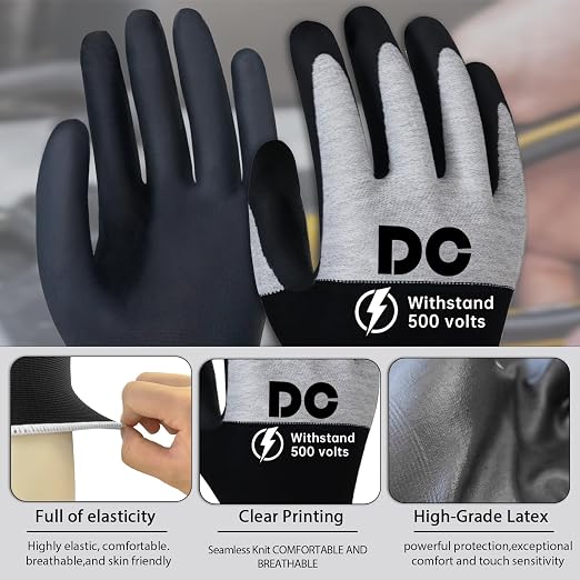 DongChu Insulated Electrician Gloves 500V Touch-Screen Voltage/Flame Retardant Work Gloves, Electrical Rubber Non-slip Texture Design for Electricians Prevent Shock (Large)