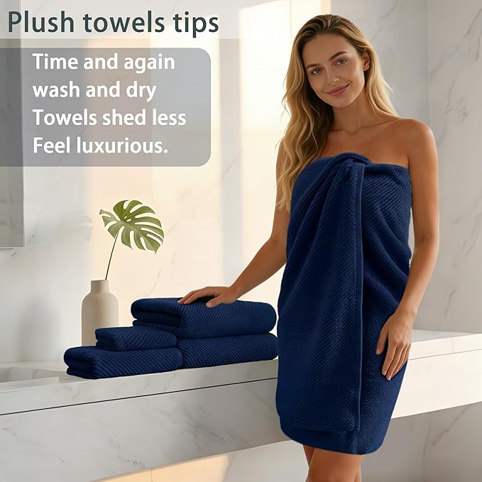 Blue Towels Set for Bathroom, Luxury 3 Piece Gift set, 100% Cotton | Quick Dry | Soft | Thick, 1 Large Bath 30" x 56", 1 Hand 18" x 28", 1 Wash Cloth 13" x 13", Bathroom Essentials, Navy