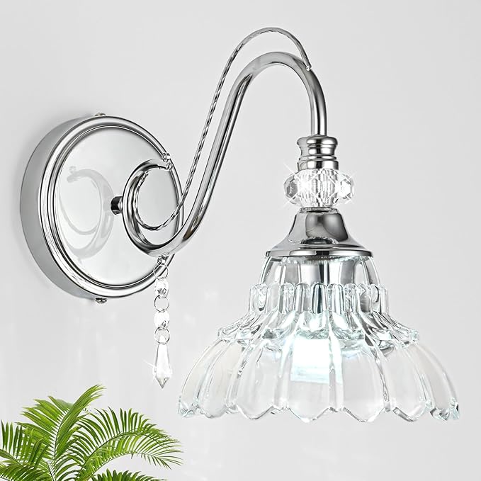 1 Piece Brushed Chrome Finish Wall Sconce, 1-Light Modern Wall Sconce with Hanging Crystal Accents and Flower-Shaped Clear Shades for Bathroom Bedroom Living Room,Modern Vanity Light