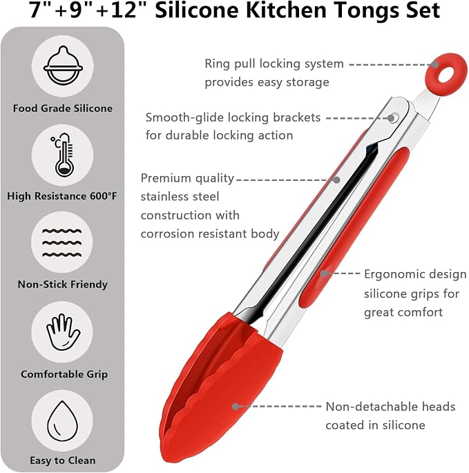 Kitchen Tongs for Cooking w Non-Stick Silicone Tips, 600°F Heat Resistant Silicone Cooking Food Tong Set Heavy Duty Stainless Steel Handle for Baking Grilling BBQ Salad Serving, 7" 9" and 12"