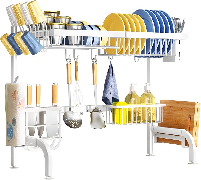Over The Sink Dish Drying Rack, Adjustable (25.5 to 36.5 inch) 2 Tier Metal Steel Dish Drying Racks for Kitchen Counter with Hooks Paper Towel Utensil Cup Holder Sink Caddy (White) | All-in-One Large Capacity, Snap-On Design for Flexible Use, Strong Me...