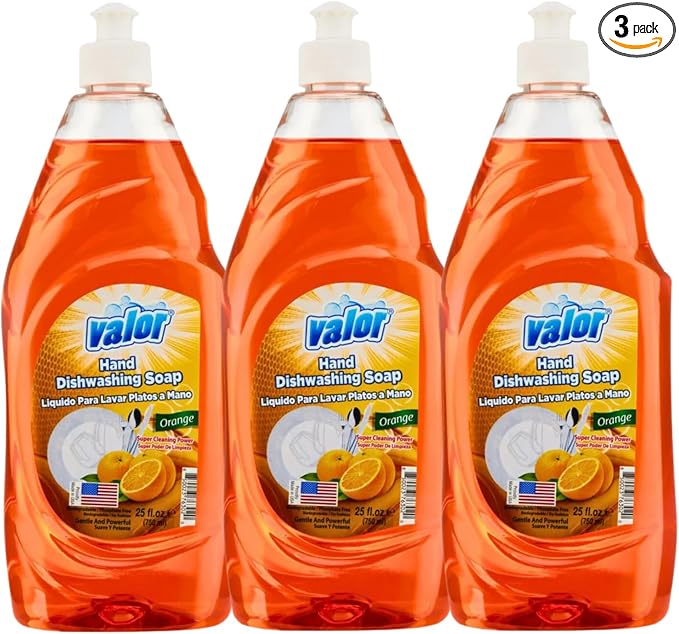 Valor Dishwashing Liquid, 25 fl oz – Dish Soap for Kitchen & Bathroom, Grease-Fighting, Gentle on Hands, Fast Rinse, Eco-Friendly Biodegradable Formula (25 oz (Pack of 3), Orange)