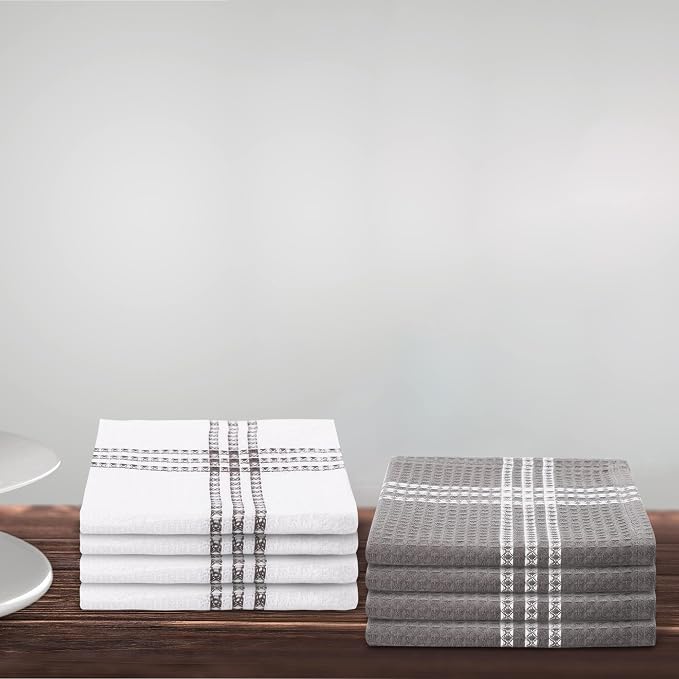 Urban Villa Cotton Dish Cloth Set of 8, Waffle Kitchen Cloth 12x12 Inch Highly Absorbent Soft Dish Cloths for Kitchen Cleaning & Drying Dishes Mitered Corner Dish Towels - Grey White, Checks