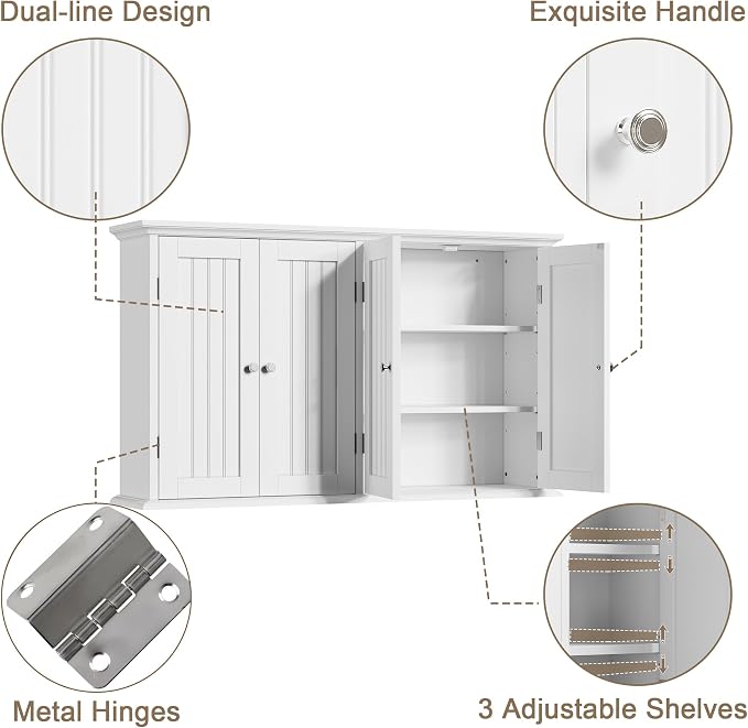 ChooChoo Bathroom Wall Cabinet with 4 Doors, Laundry Cabinet Wall Mounted, Medicine Cabinet with Adjustable Shelves, Hanging Kitchen Cupboard Organizer, White