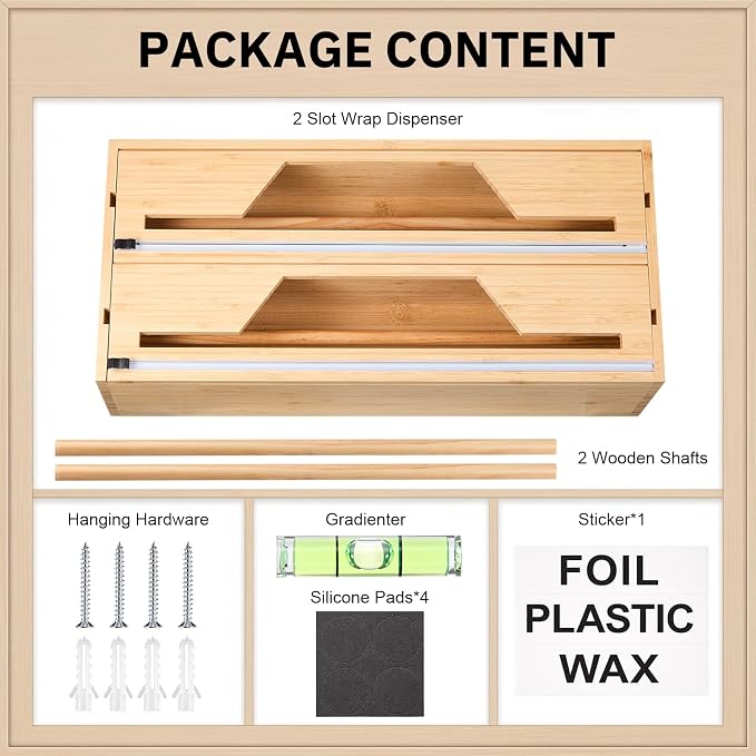 Wesiti 18 Inch Large Plastic Wrap Organizer & Dispenser with Cutter 2 in 1 Aluminum Foil Wrap Butcher Parchment Paper Dispenser Bamboo Wall Mount Tin Wax Cling Organizer for Kitchen Countertop