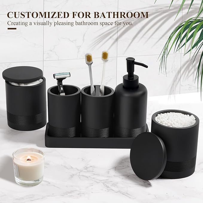 Bathroom Accessories Set, 6-Piece Bathroom Accessory Set, Toothbrush Holders Set, Soap Dispenser, Vanity Tray, Tumbler, Cotton Swab Jars, Bathroom Organizer for Modern Bathrooms(Matte Black)