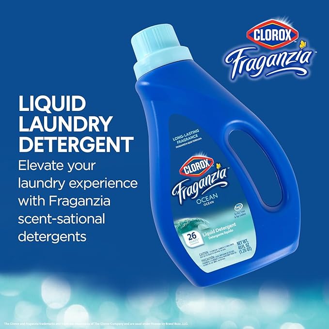 Clorox Fraganzia Liquid Laundry Detergent, Ocean Scent - HE Compatible for All Front and Top Load Washing Machines, Light Crisp Beachy Fragrance, 26 Loads per Bottle, 40 Fl Oz - 6 Pack