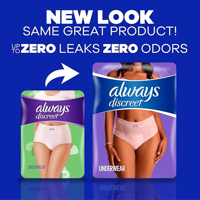 Always Discreet Adult Diapers for Women, Incontinence Underwear, Postpartum Essentials, Disposable Briefs, Max Absorbency, Bladder Leak Protection, Large, 17ct