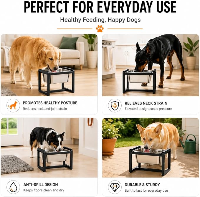 Adjustable Height Elevated Large Dog Water Bowls with Stainless Steel Bowls and Metal Stand，4-Level (8/10/12/14 Inches) Pet Bowl for Dogs for Large Medium Dogs - Durable, Easy to Clean (2.4gallon)