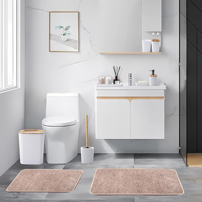 XLHOMO 24Pcs White and Gold Bathroom Set with Shower Curtain and Rug, White Bathroom Sets Complete with Trash Can,Soap Dispenser,Soap Dish,Toilet Brush,Toothbrush Holder and Cup,Tray,Q-Tip Holders